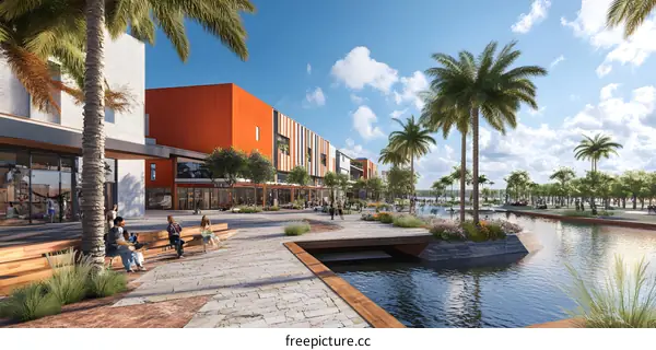 Modern Architecture Design with Palm Trees and Water Feature