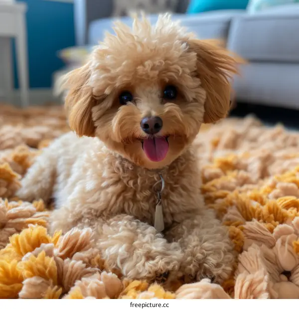 Adorable Toy Poodle Curled up on a Cozy Carpet