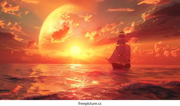 Fantasy Sunset Sailing Ship at Sea