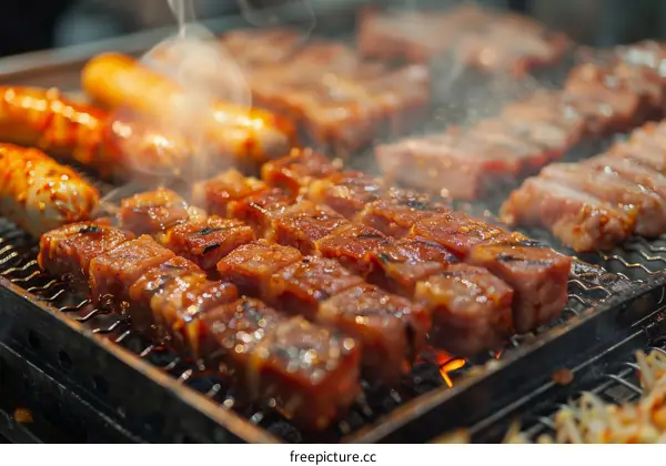 A variety of meats are being grilled on a metal grate over an open flame.