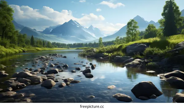 stones in the river in front of the mountains