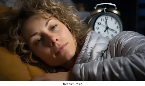 A young woman with blonde hair and blue eyes is lying in bed and looking at the alarm clock. She is wearing a gray coat.