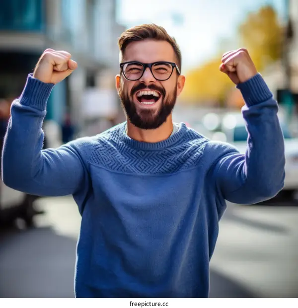 Ecstatic Bearded Man Celebrating Outdoors