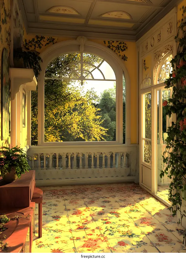 Vintage Floral Patterned Floor In A Sunlit Room