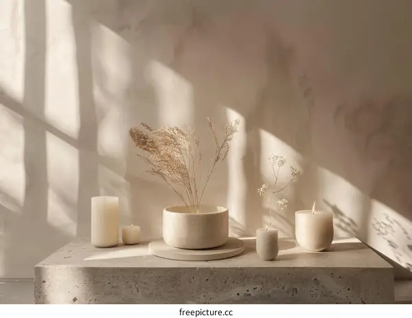Dried Flowers on Concrete Shelf with Candles