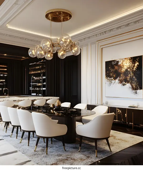 Modern Dining Room Interior Design With Black Marble Table And White Chairs