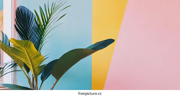Tropical Leaves Against Vibrant Colored Wall