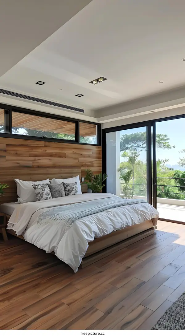 Modern Bedroom With Large Windows And Wooden Wall