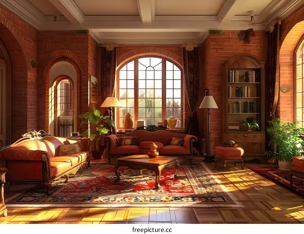 Vintage Interior Design with Brick Wall and Large Window