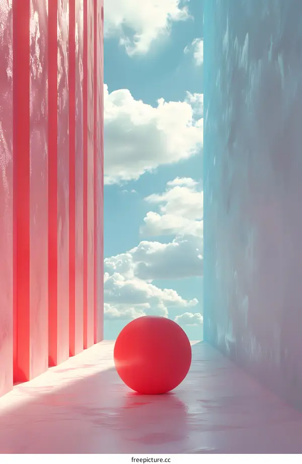 Red sphere between pink and blue walls