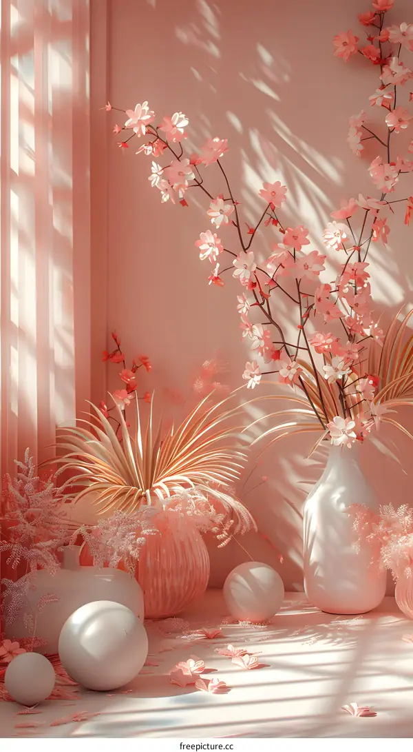 Springtime Tranquility: Pink Blossoms and Verdant Foliage in Glass