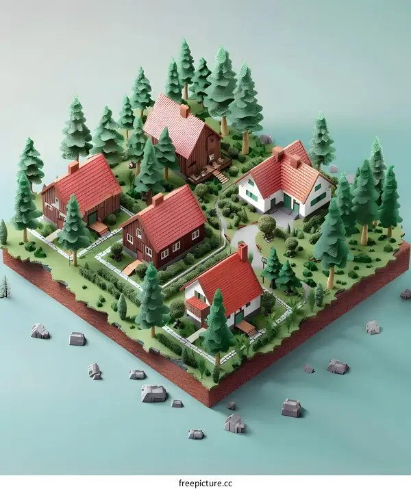 Low Poly Village Illustration with Houses and Trees
