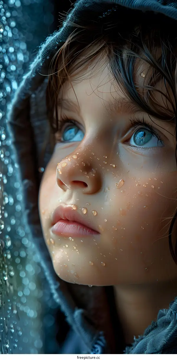 Little Girl with Blue Eyes Looking Through Window