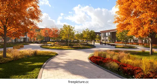 Autumn Landscape with Pathway and Buildings