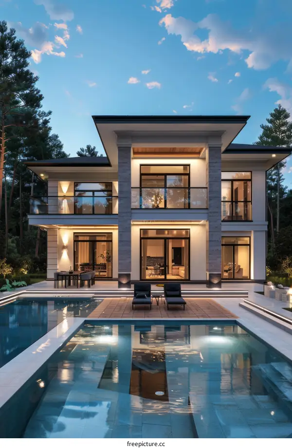 3D rendering of a two-story house with a pool and a terrace