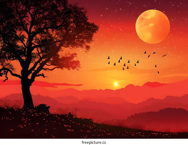 The sun sets over a mountain range, casting a golden glow on the landscape below. A lone tree stands in the foreground, its branches silhouetted against the sky. Birds fly overhead in a V-formation.