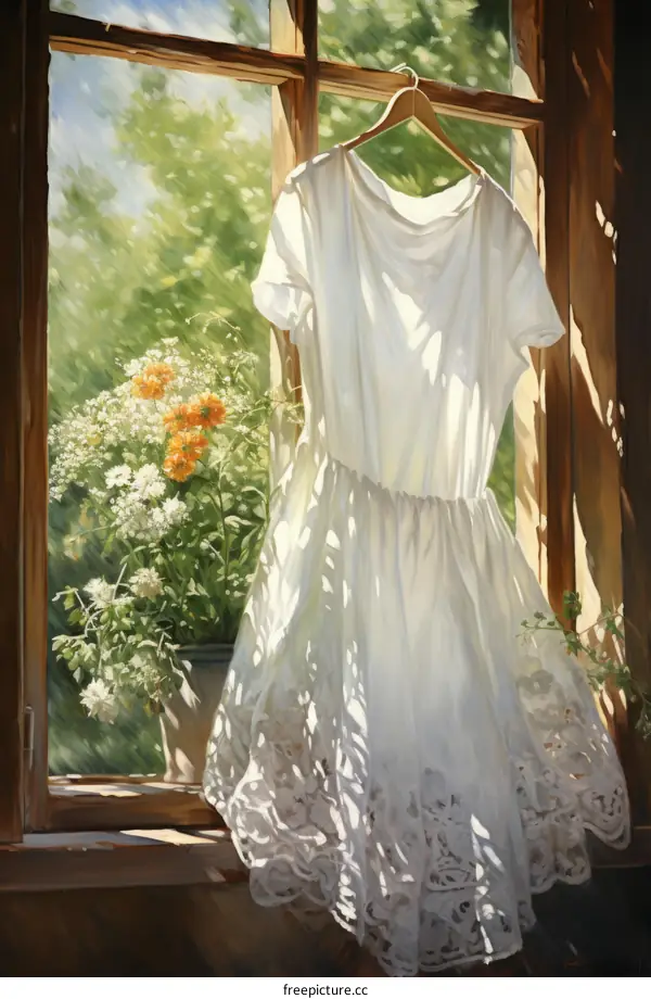 A White Dress Hangs by a Window Next to a Vase of Flowers