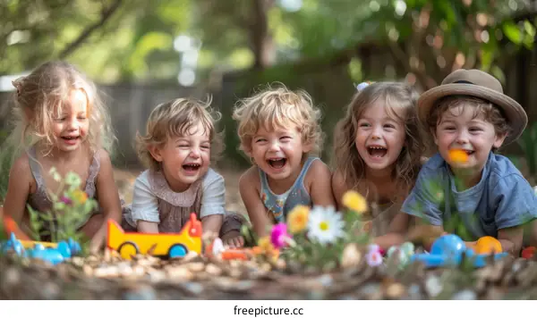 five happy caucasian children playing with toys in the garden