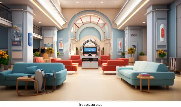 A retro hospital waiting room with blue and red seats