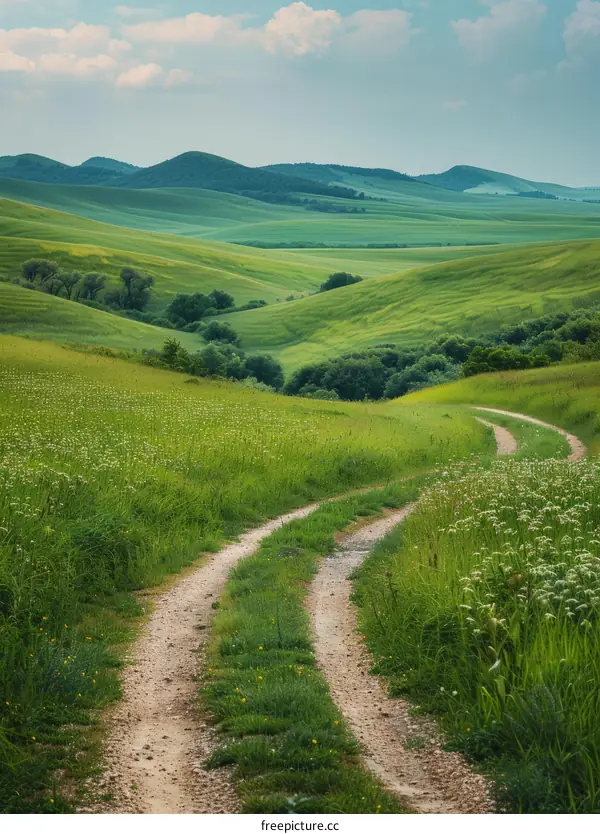 Winding Dirt Road Through Green Hills