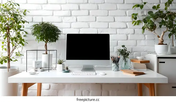 Modern Home Office Workspace with Plants and Computer