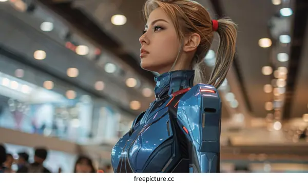 portrait of a young woman in a blue and gray armored suit