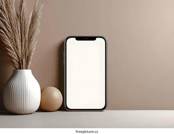 Blank Screen Smartphone Mockup with Vase and Decorative Ball on Beige Background