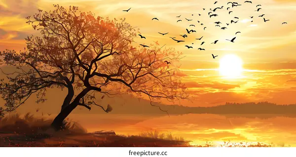 Sunset Landscape with Silhouette Tree and Birds Flying