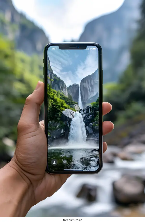Hand Holding Phone With Waterfall Wallpaper
