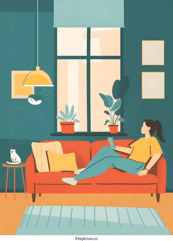 Woman Relaxing on Sofa with Cat and Phone in Cozy Living Room Illustration