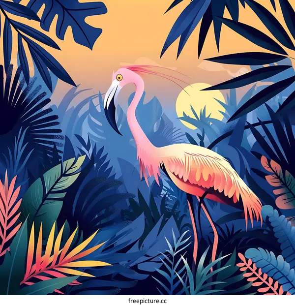 Pink Flamingo in Tropical Rainforest Sunset Illustration