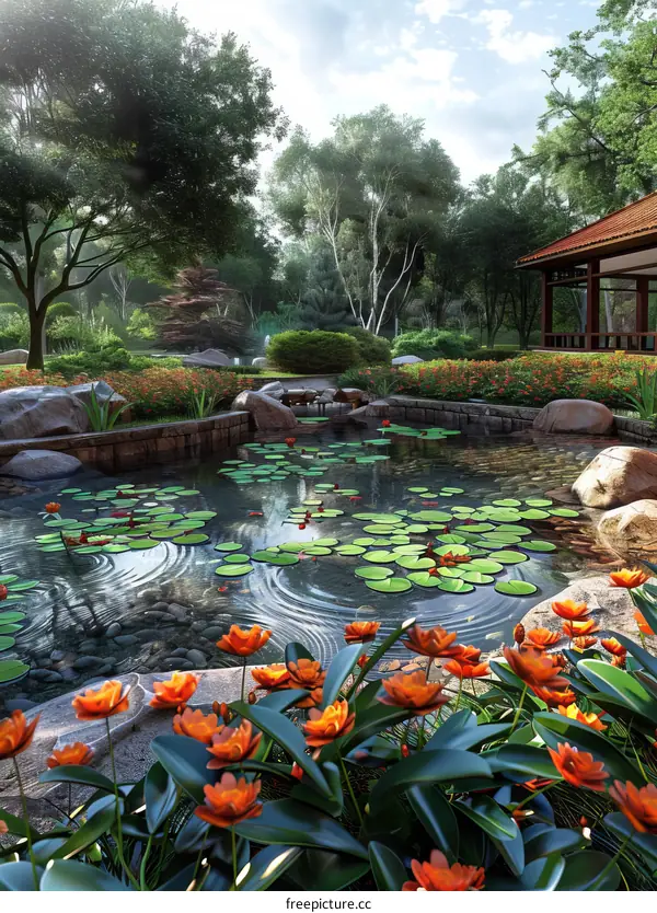 Digital Illustration of a Tranquil Garden Pond