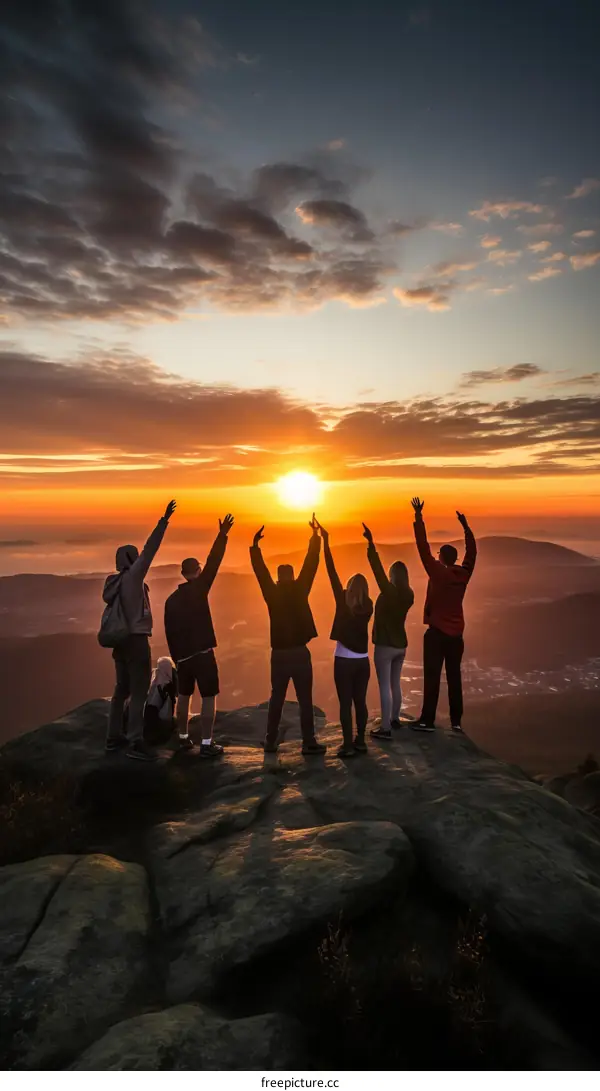 People celebrating the sunrise at the top of a mountain