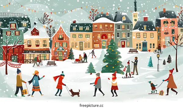 Winter Wonderland Illustration Featuring a Snowy Village with People and a Dog