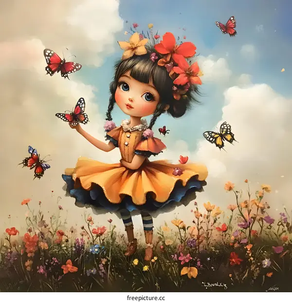 Little Girl with Butterflies and Flowers in a Field