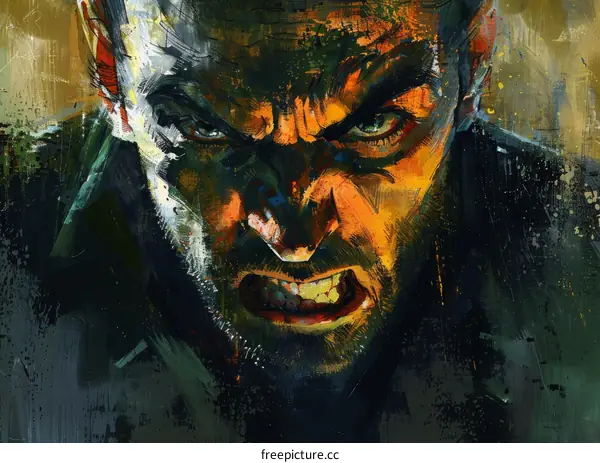 An illustration of a mans face with a beard and a scowl on his face