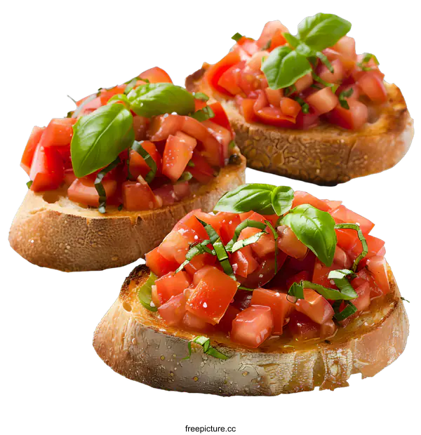 [Transparent Background PNG]Three slices of bruschetta with tomatoes and basil on a white background