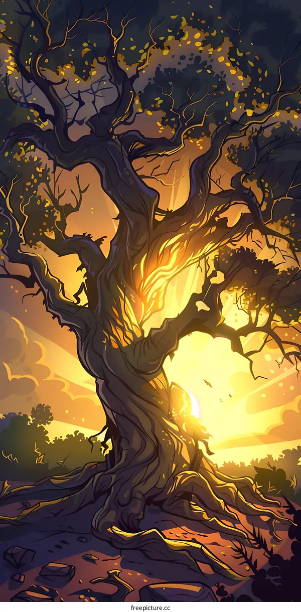 Sunset  Illustration of a Large Tree with Glowing Branches