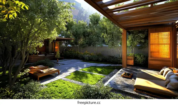 Elegant Wooden Pergola Garden Design Illustration