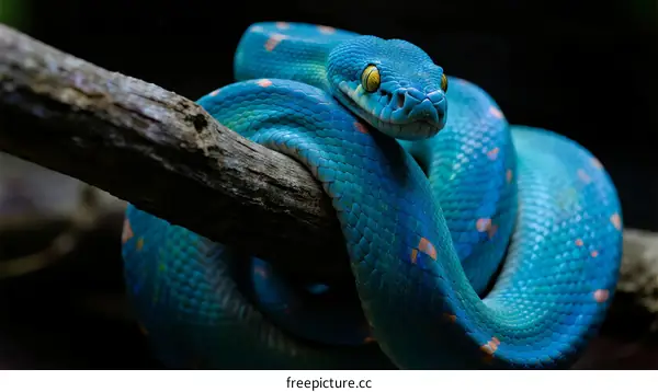 Blue Tree Python Coiled on Branch in Natural Setting