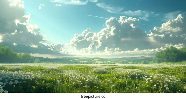 Meadow of wildflowers under a cerulean sky with cotton-like clouds