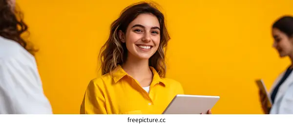 Smiling Woman Holding Tablet in Yellow Background