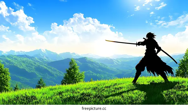 Silhouette of a Warrior in a Lush Mountain Landscape