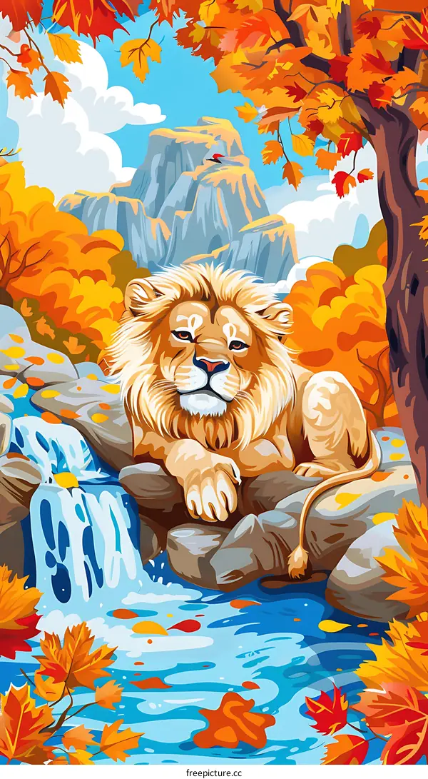Lion Sitting by a Waterfall in Autumn