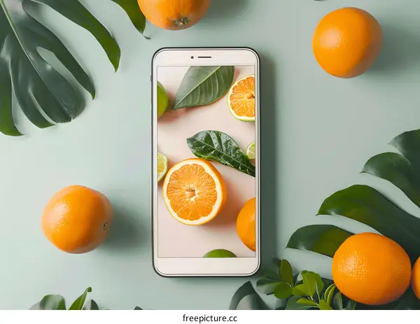 Orange Fruit on a Phone Screen with Leaves