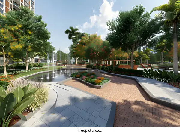 Fountain and Pathway in a Beautiful Park