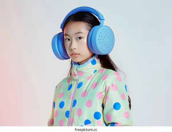 Young Asian Girl Wearing Blue Headphones and Polka Dot Jacket