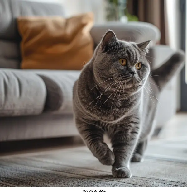 A gray British shorthair cat is walking on the floor with a blurred background of a couch