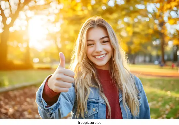 Happy Woman Showing Thumbs Up in Autumn Park