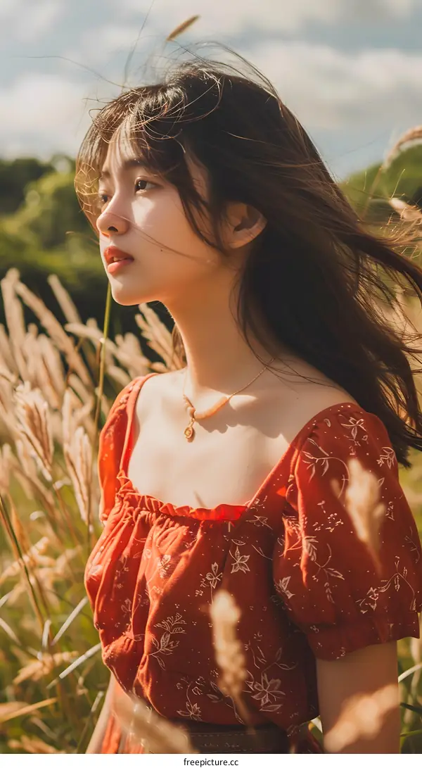 Asian Woman in a Floral Dress in a Field of Grass